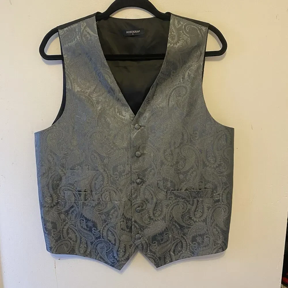 Hisdern Silver Gray Paisley Tuxedo Vest Mens Size S Career Formal Wear Handmade
